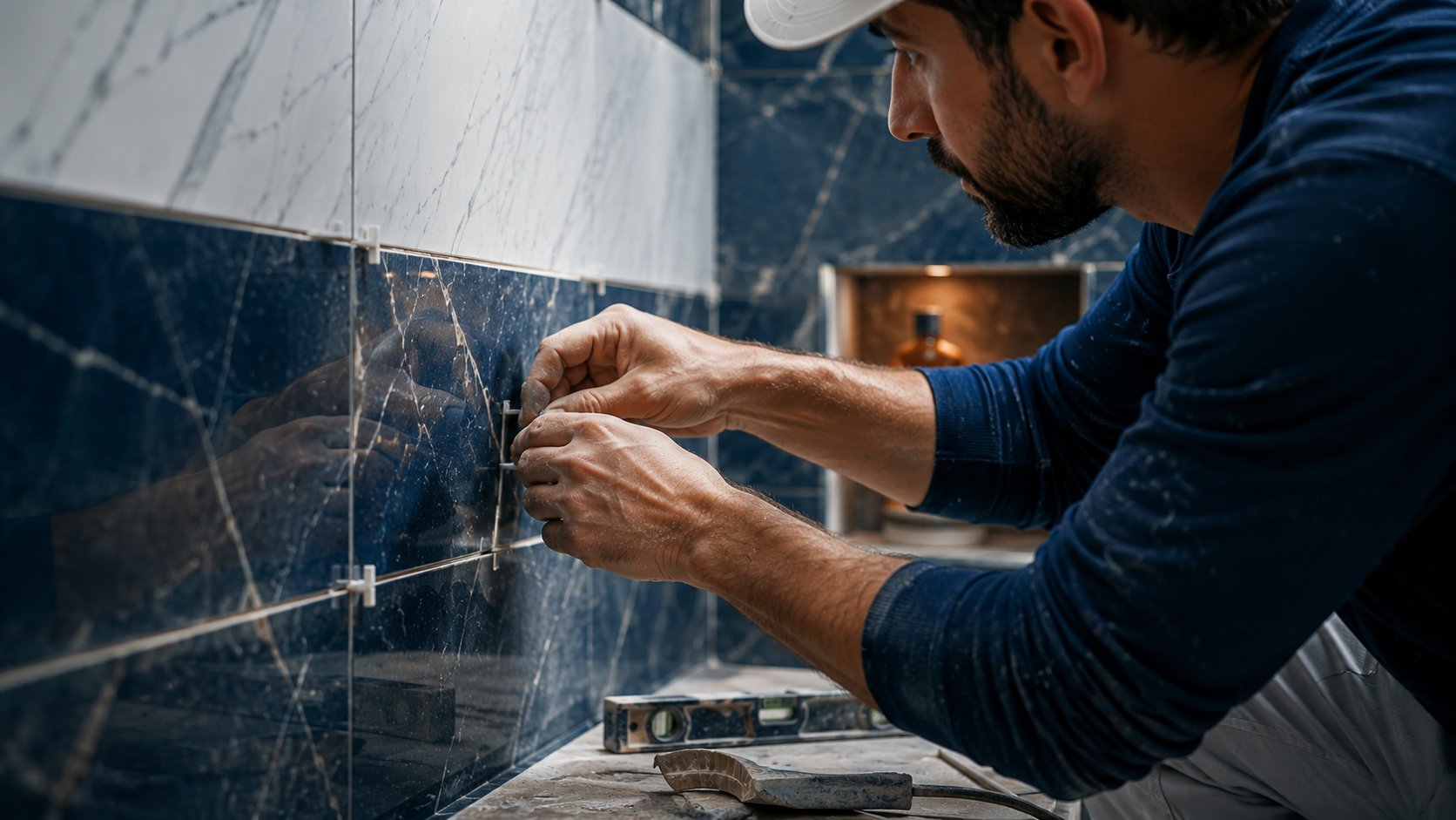 Artisan posant un carrelage marbré bleu profond